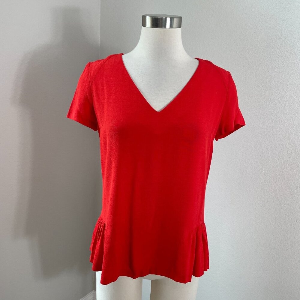 Sandro 1 Womens Small Red Orange Peplum V Neck Blouse Short Sleeve Shirt Top